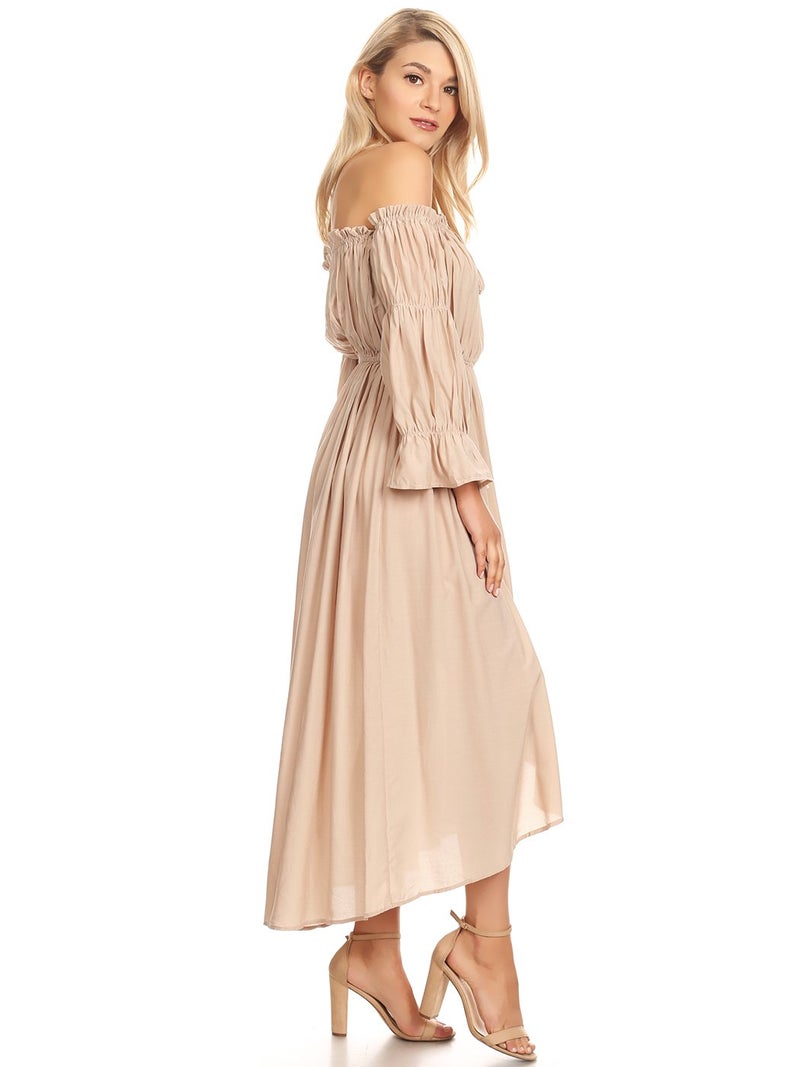 Anna-Kaci Womens Boho Long Sleeve Off Shoulder Renaissance Peasant Dress, Beige, X-Large - Image 4